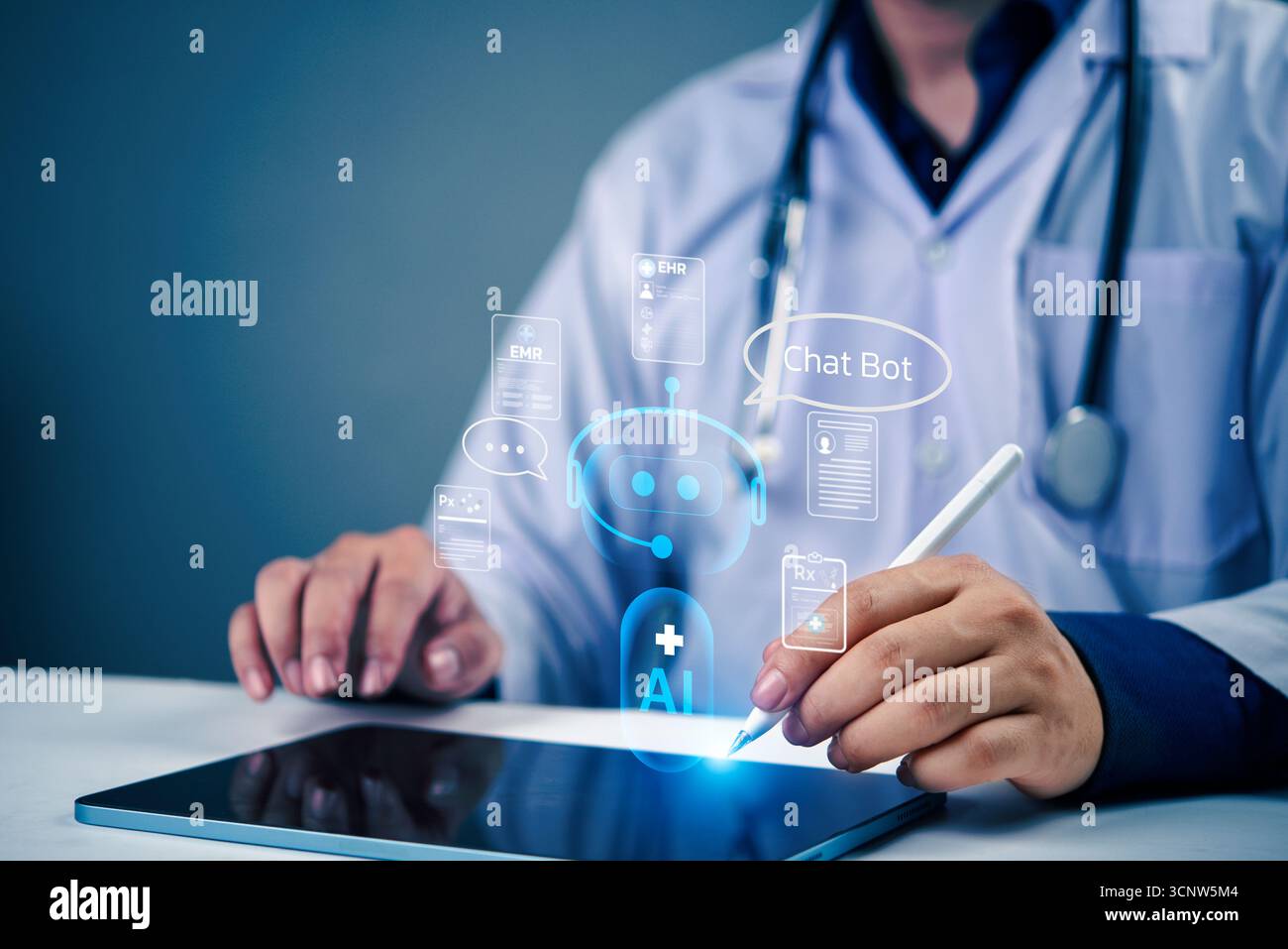 Medical technology concept with chatbot patient data, prescriptions, and EHR support using artificial intelligence tools.Digital health assistant with Stock Photo