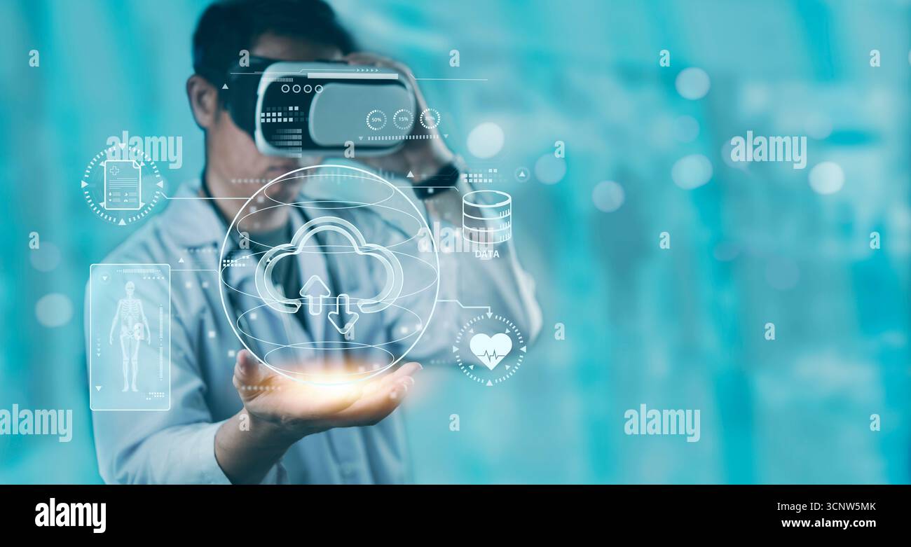Doctor using VR headset to access cloud healthcare data, future medical ...