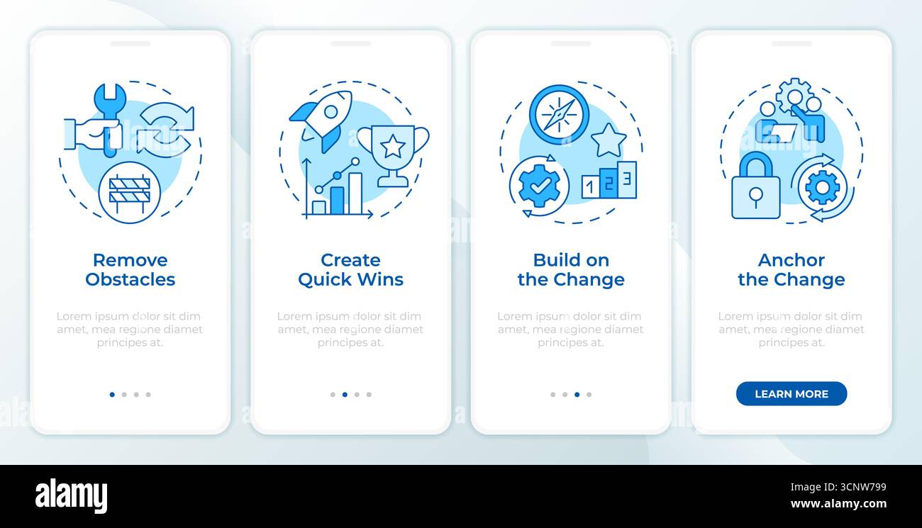 Kotter change management model blue onboarding mobile app screen Stock Vector