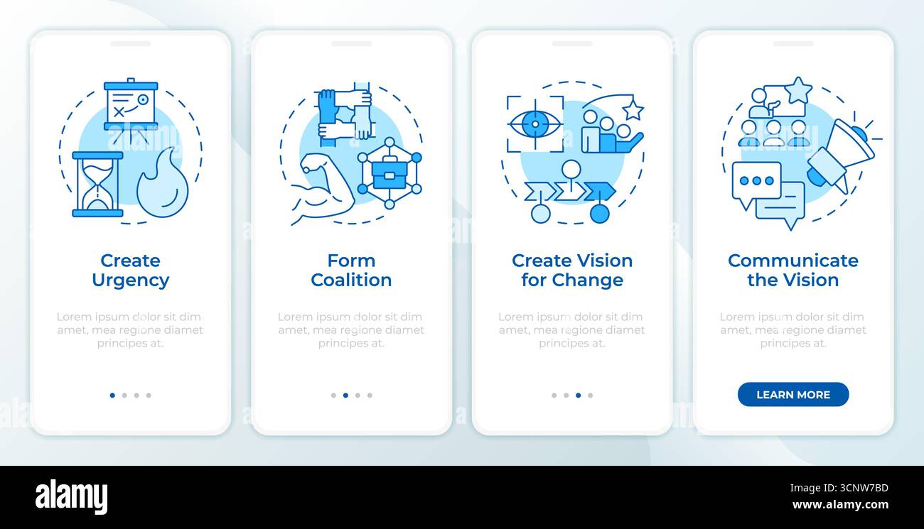 Kotter change management model blue onboarding mobile app screen Stock Vector