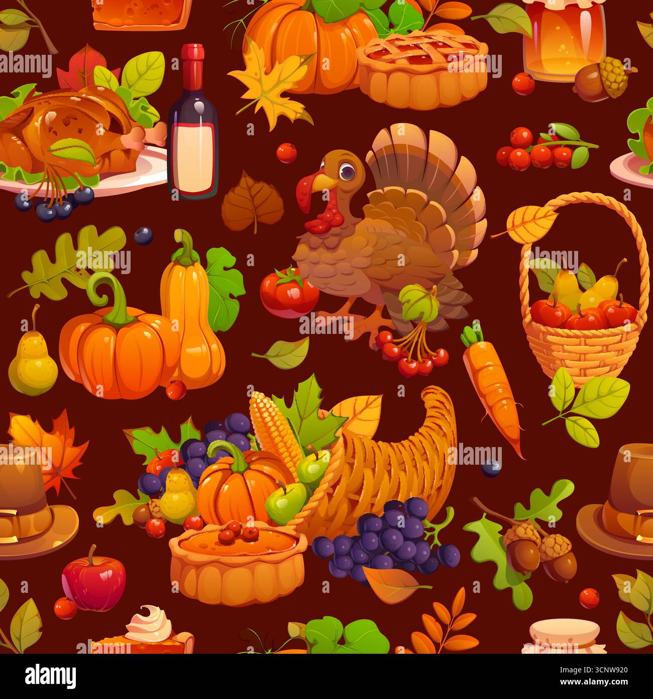 Seamless Thanksgiving holiday pattern with cartoon turkey, pumpkins and pies background. Vector Thanksgiving harvest cornucopia and pilgrim hat, vegetables and autumn fall leaves seamless pattern Stock Vector