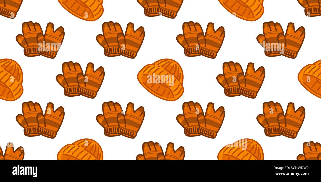 Seamless Orange Winter Clothes Pattern. Orange mittens and hats seamless pattern in flat cartoon style on white background. Stock Vector
