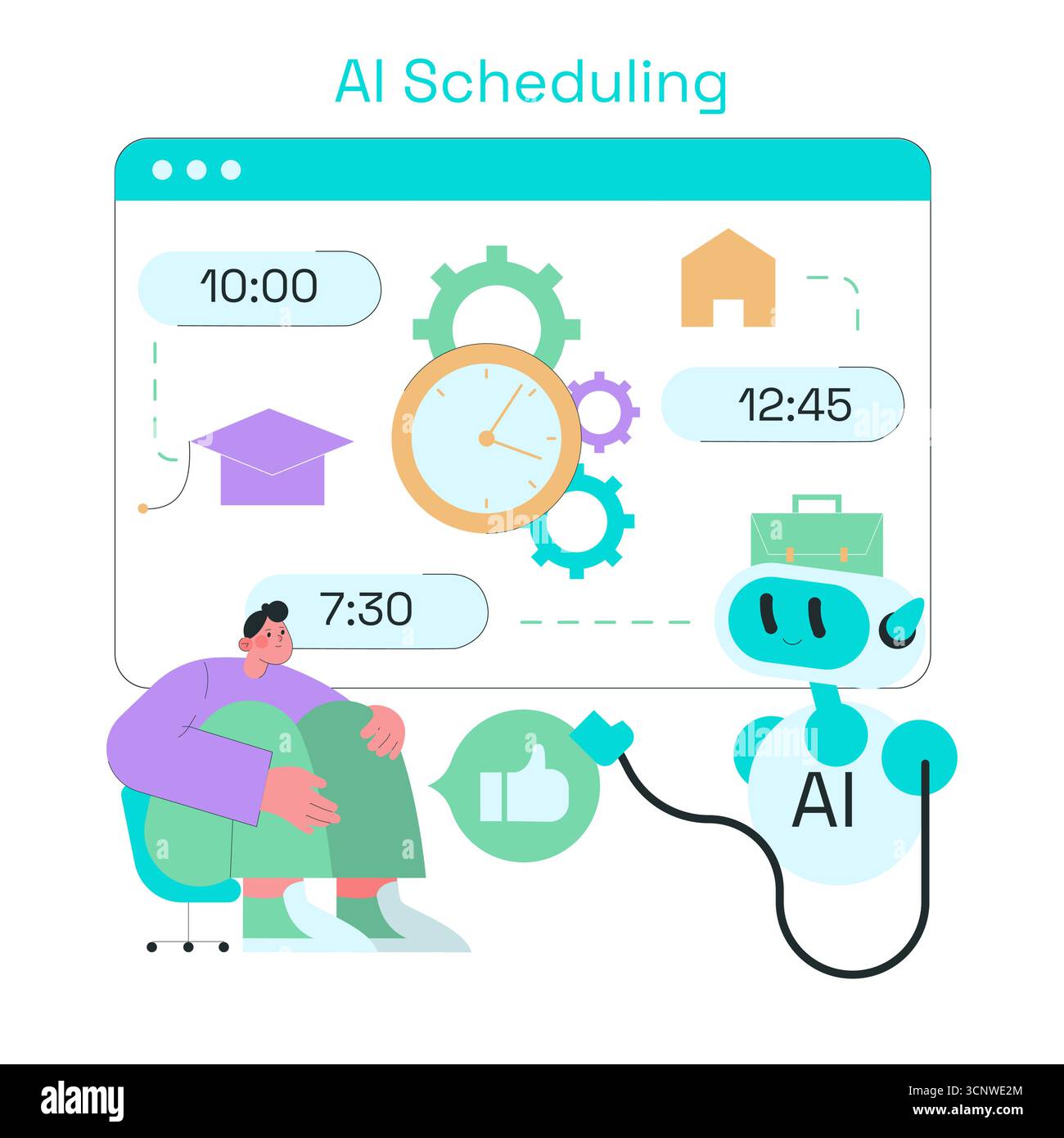 Vector illustration shows an AI scheduling system with a robot ...