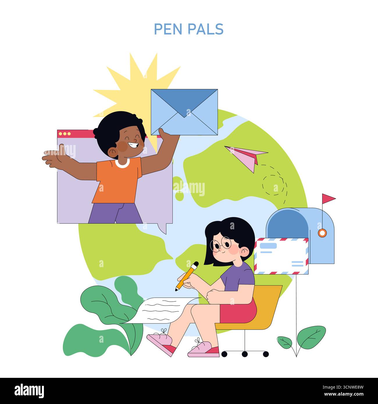 Vector illustration of children exchanging letters as pen pals globally ...