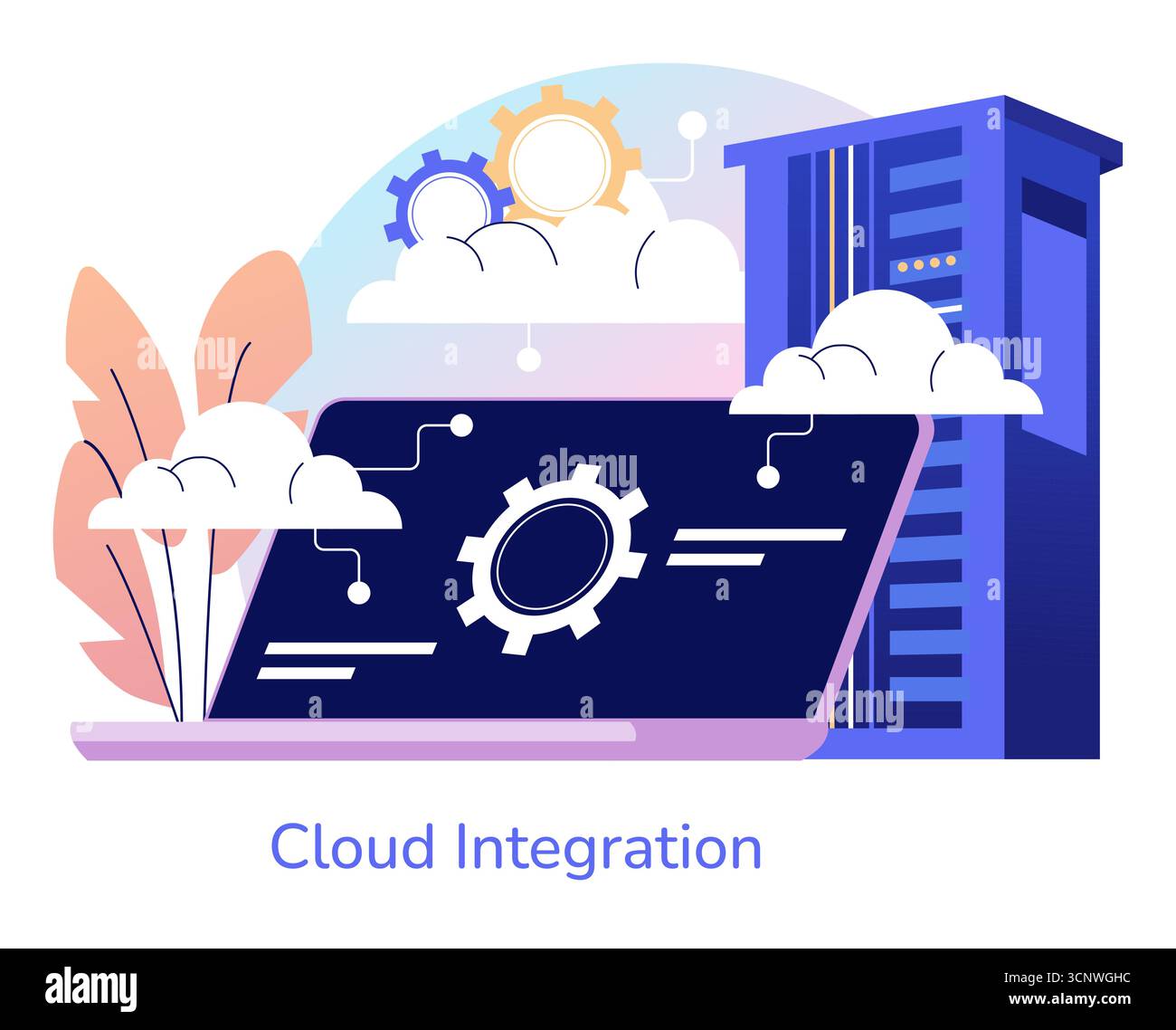 Vector illustration depicting a cloud integration concept with server imagery, digital gears, and interconnected clouds symbolizing technology and data synchronization. Stock Vector