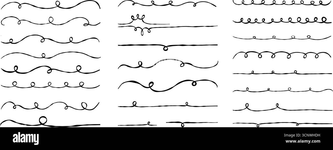 Corrugated Waves. Line doodle. Openwork Vignettes textured hand-drawn set. Isolated Vector scribble Wave ornament pattern, horizontal underline, wavy, Stock Vector