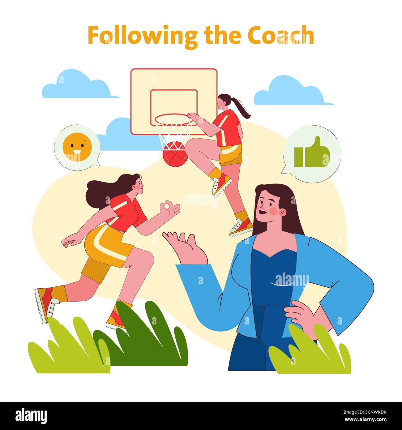 Vector illustration of a basketball training session with a coach ...
