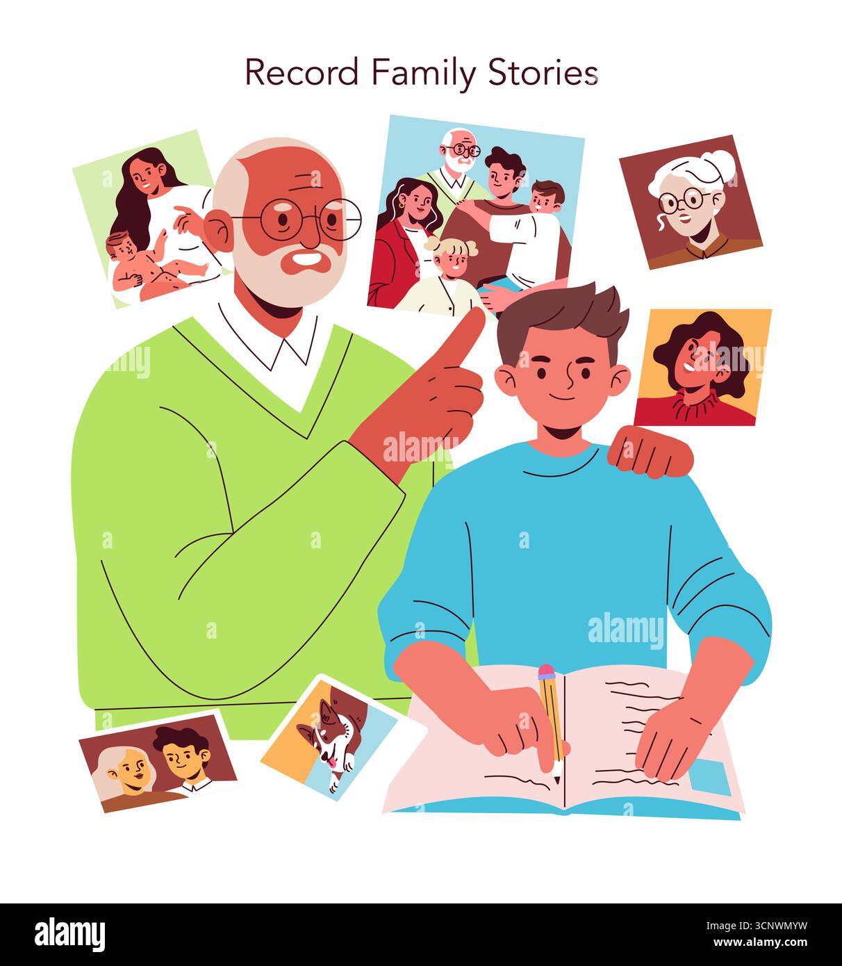 Vector illustration of a grandfather and child recording family stories ...