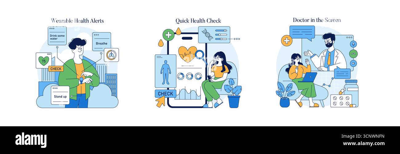 Vector illustration depicting health monitoring through wearable ...