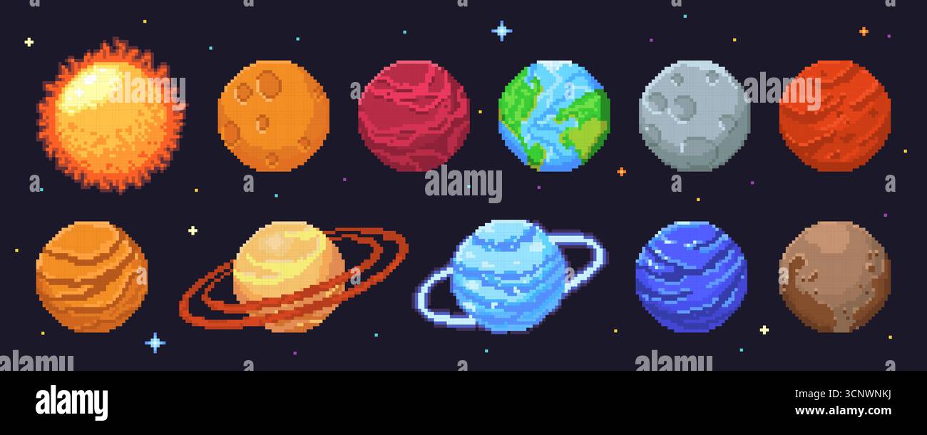 Pixel planet solar system set for space game - celestial bodies with ...