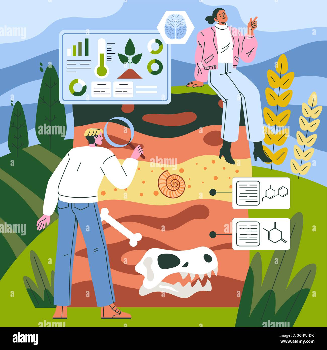Vector illustration depicting a soil exploration scene with two people analyzing soil data and fossils. One person examines samples, while the other interacts with data on a digital screen. Stock Vector