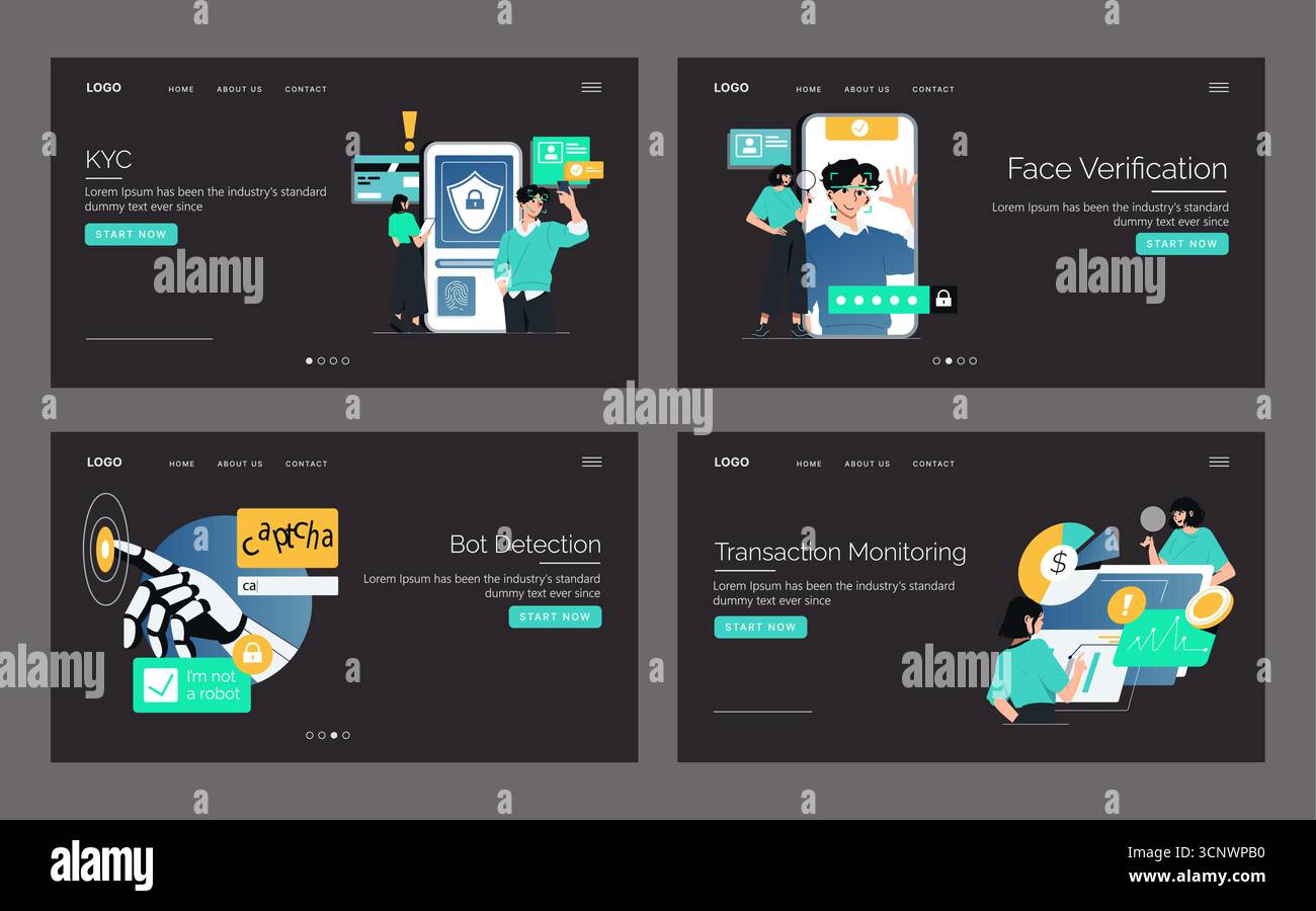 Vector illustrations depicting digital security processes including KYC, face verification, bot detection, and transaction monitoring. Characters interact with technology, displaying concepts of cybersecurity. Stock Vector