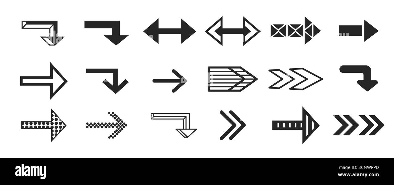 Narrow arrow sign set with directional pointers for navigation and interface design. Black geometric symbols with outlined shapes and dotted patterns. Modern ui elements for web or app guidance Stock Vector