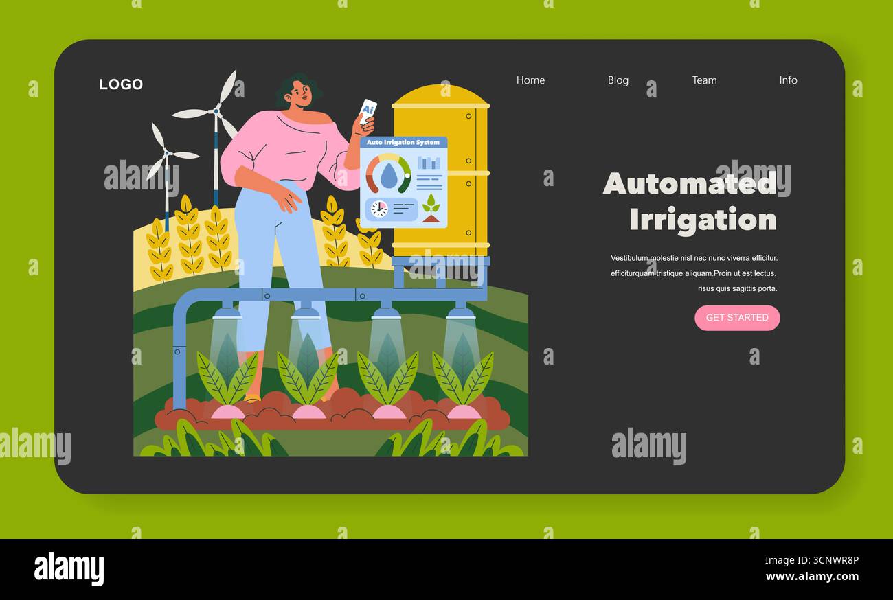 Vector illustration of a woman managing an automated irrigation system ...