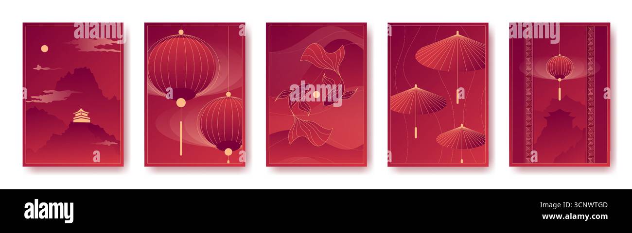 Chinese gradient poster set with lanterns, pagoda on mountain, koi fish ...