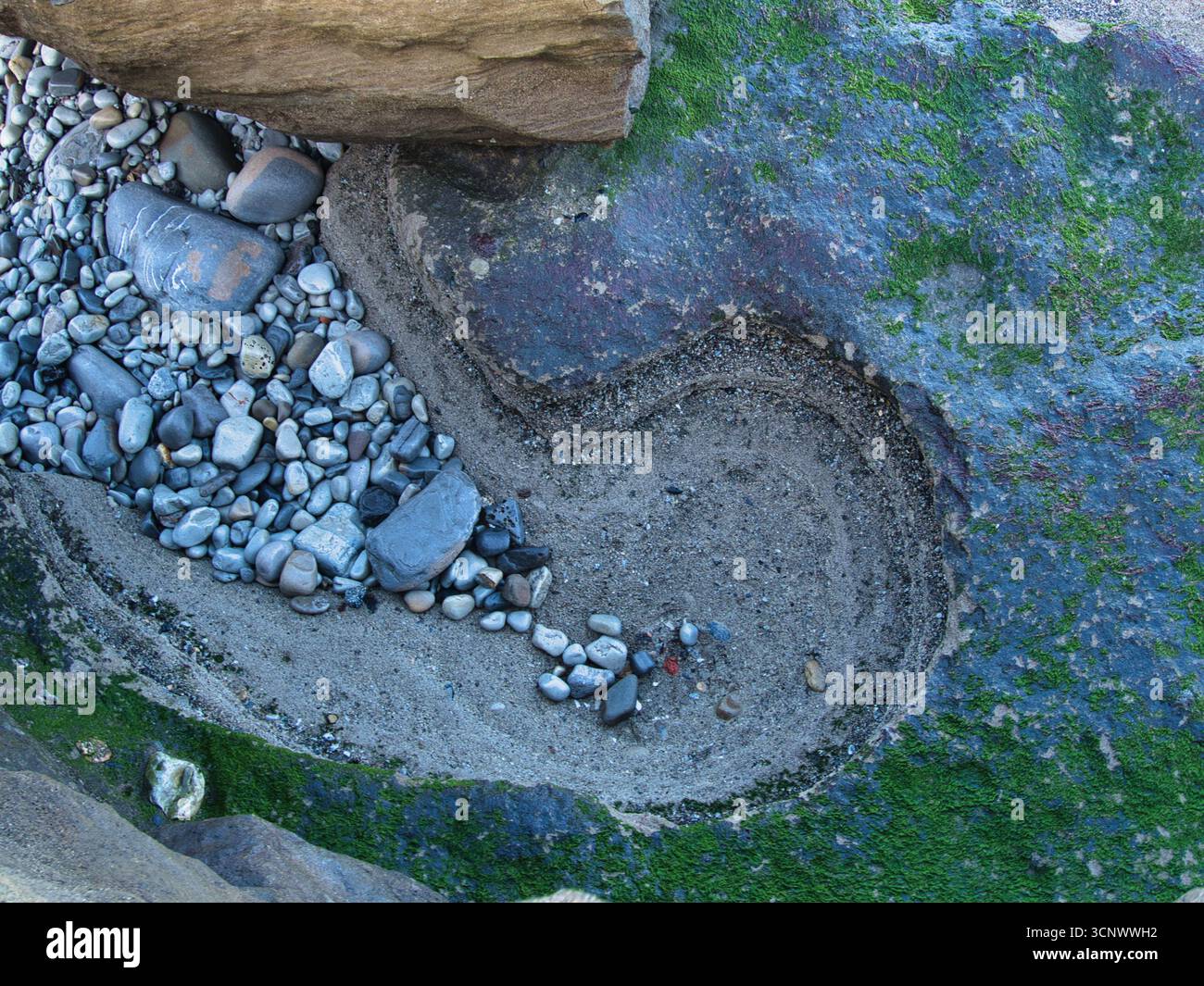 Textural Sandstone and Green Algae - A high-angle shot of a rocky shoreline, showing smooth grey stones, sand, and large rock formations covered in vi Stock Photo