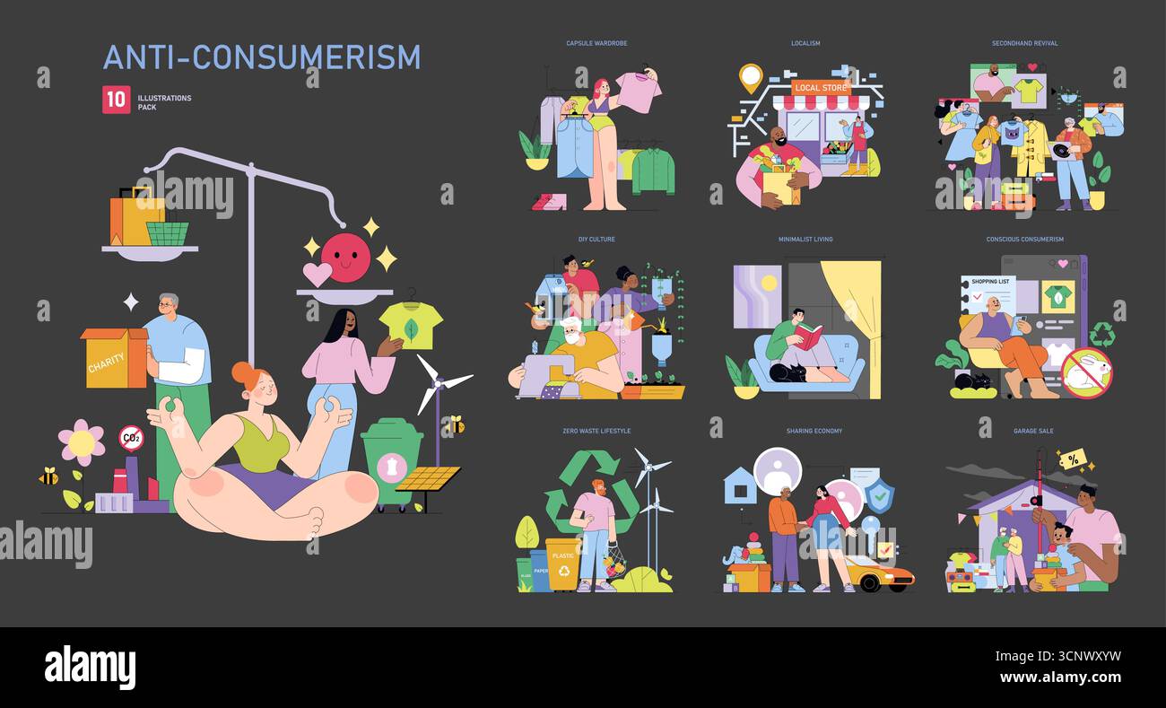 Anti-consumerism vector illustration pack depicting diverse concepts ...