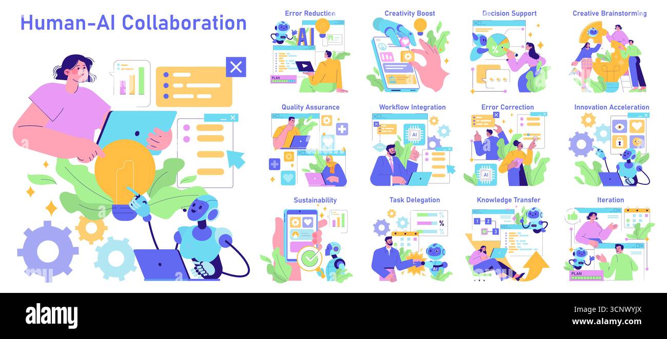 Human-AI collaboration vector illustration depicting innovation and ...