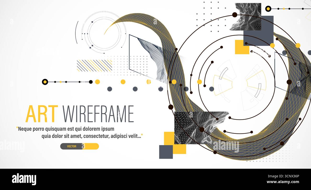Minimal abstract composition with wireframe waves, geometric shapes, dots, and lines. Stock Vector
