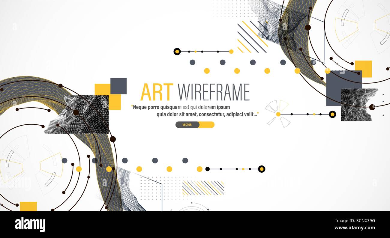 Minimal abstract composition with wireframe waves, geometric shapes, dots, and lines. Stock Vector