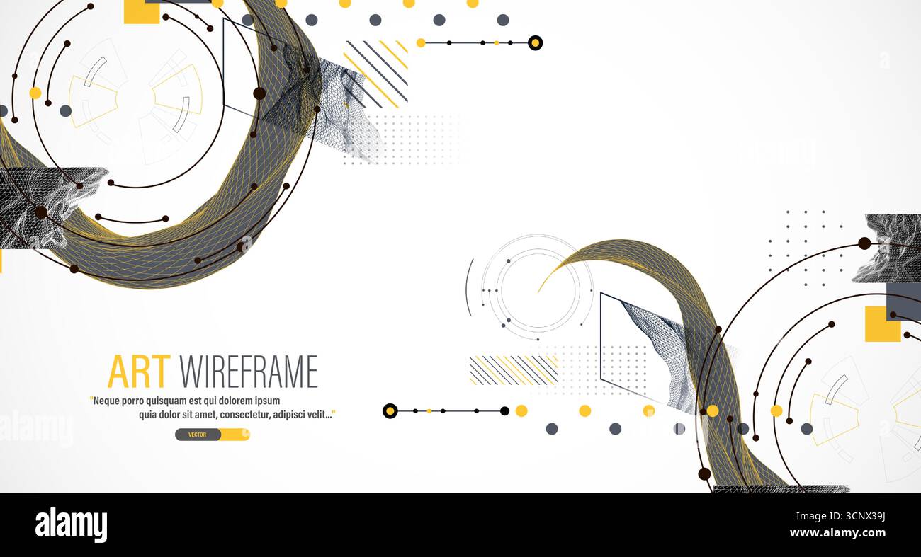 Minimal abstract composition with wireframe waves, geometric shapes, dots, and lines. Stock Vector