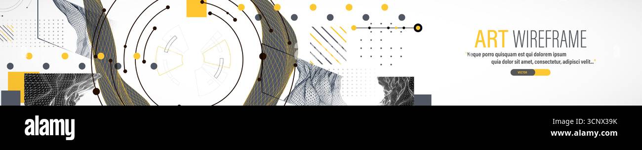 Minimal abstract composition with wireframe waves, geometric shapes, dots, and lines. Stock Vector
