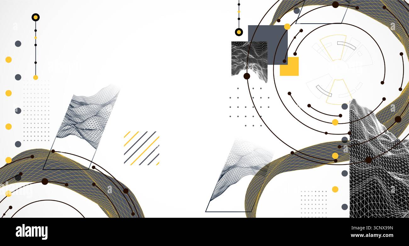 Minimal abstract composition with wireframe waves, geometric shapes, dots, and lines. Stock Vector