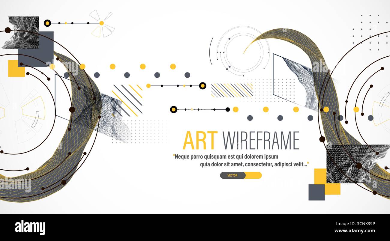 Minimal abstract composition with wireframe waves, geometric shapes, dots, and lines. Stock Vector