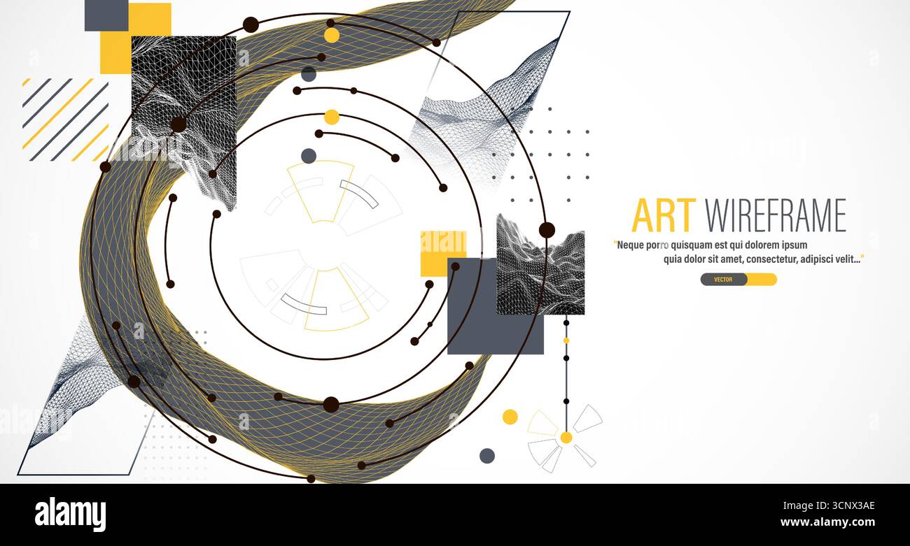 Minimal abstract composition with wireframe waves, geometric shapes, dots, and lines. Stock Vector