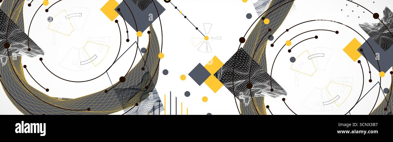 Minimal abstract composition with wireframe waves, geometric shapes, dots, and lines. Stock Vector
