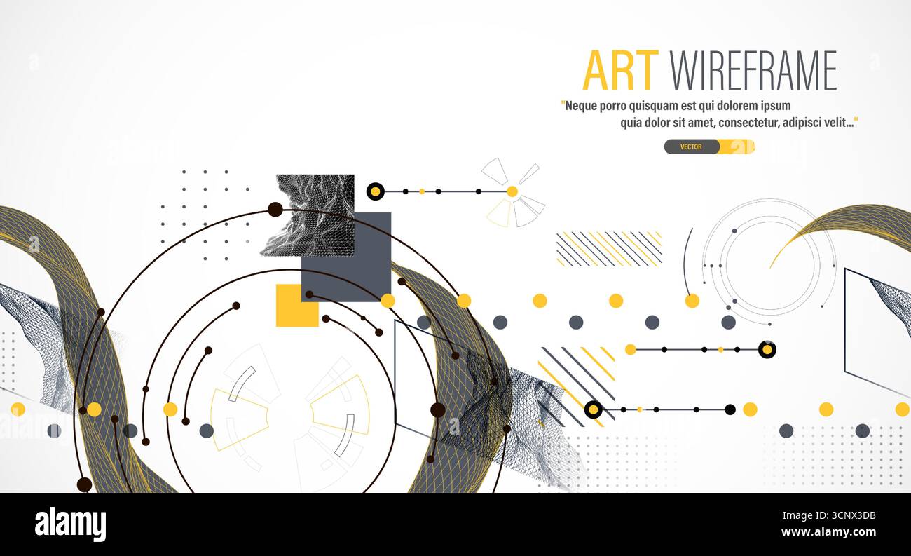 Minimal abstract composition with wireframe waves, geometric shapes, dots, and lines. Stock Vector