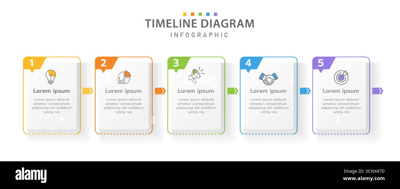 Infographic template for business. 5 Steps Modern Timeline diagram with arrow and topic, presentation vector infographic timeline. Stock Vector