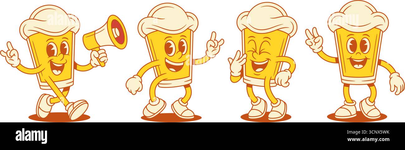 Funky beer glass cartoon character with positive emotion set vector ...