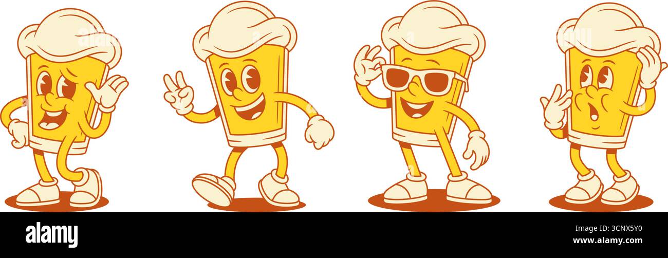 Comic beer glass cartoon character funky emoticon set vector flat ...