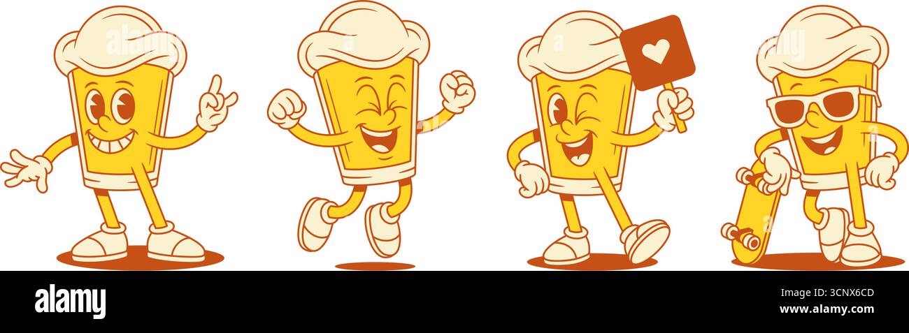 Comic beer glass cartoon character positive emoticon set vector flat ...