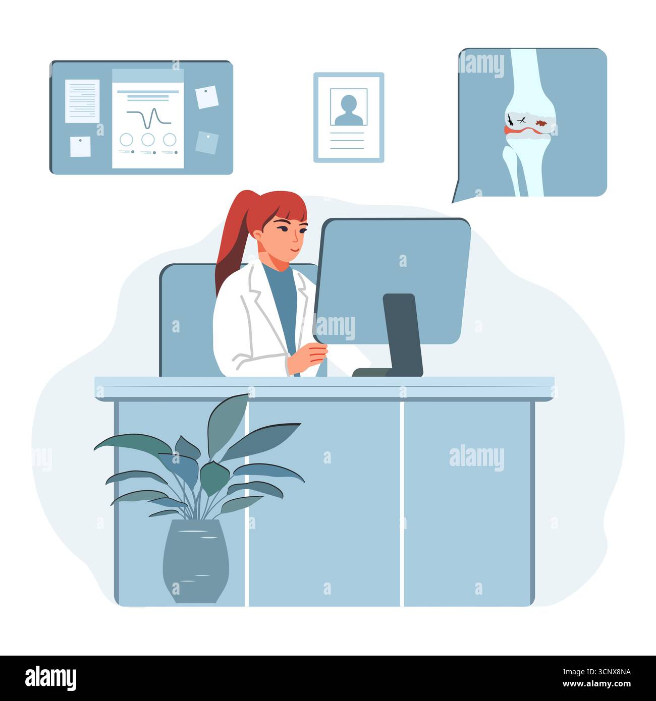 Doctor Analyzing Patient Data On Computer In Medical Office With
