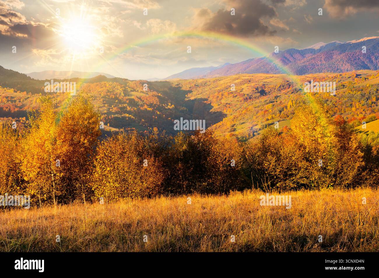 autumn mountain landscape at sunset. beautiful countryside in highlands with rural fields and colorful deciduous trees. rolling hills inder the rainbo Stock Photo