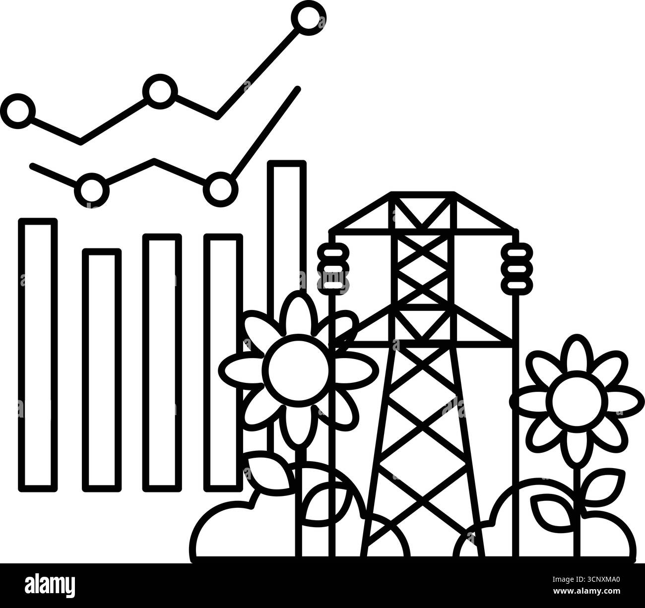 A black and white drawing of a power plant with a line graph and a flower. The graph shows a downward trend, while the flower represents growth and li Stock Vector