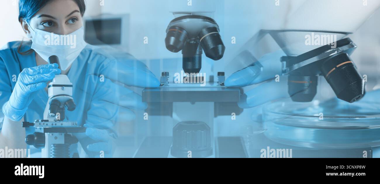 Laboratory analysis. Scientists working with microscopes, multiple exposure Stock Photo