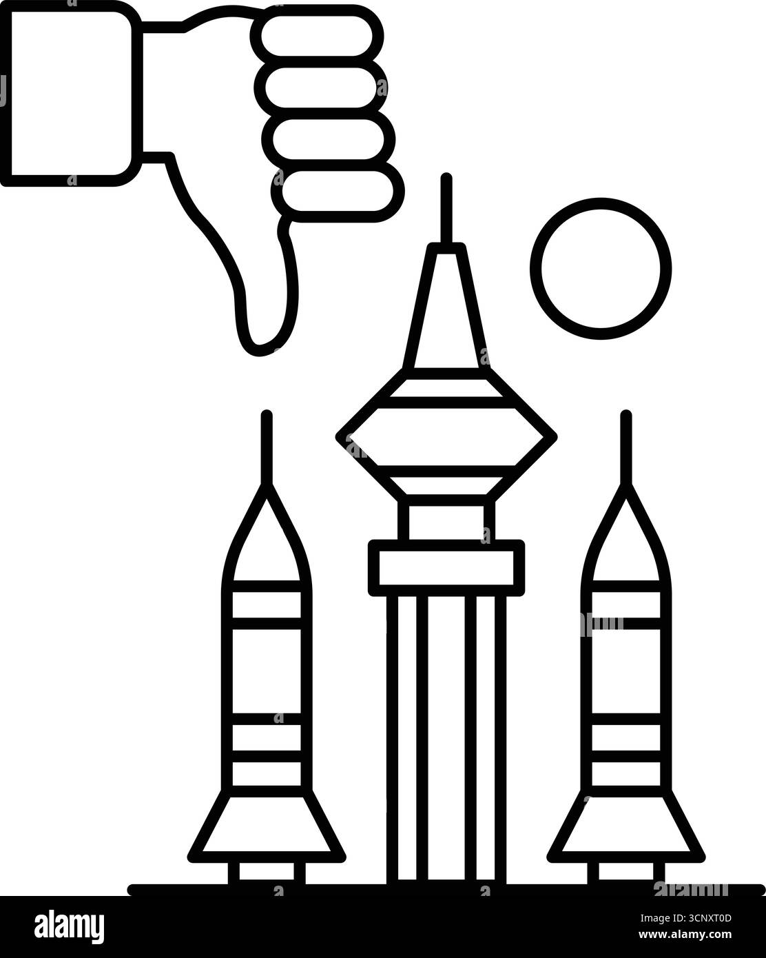A hand is giving a thumbs down to a building with three rockets on top ...