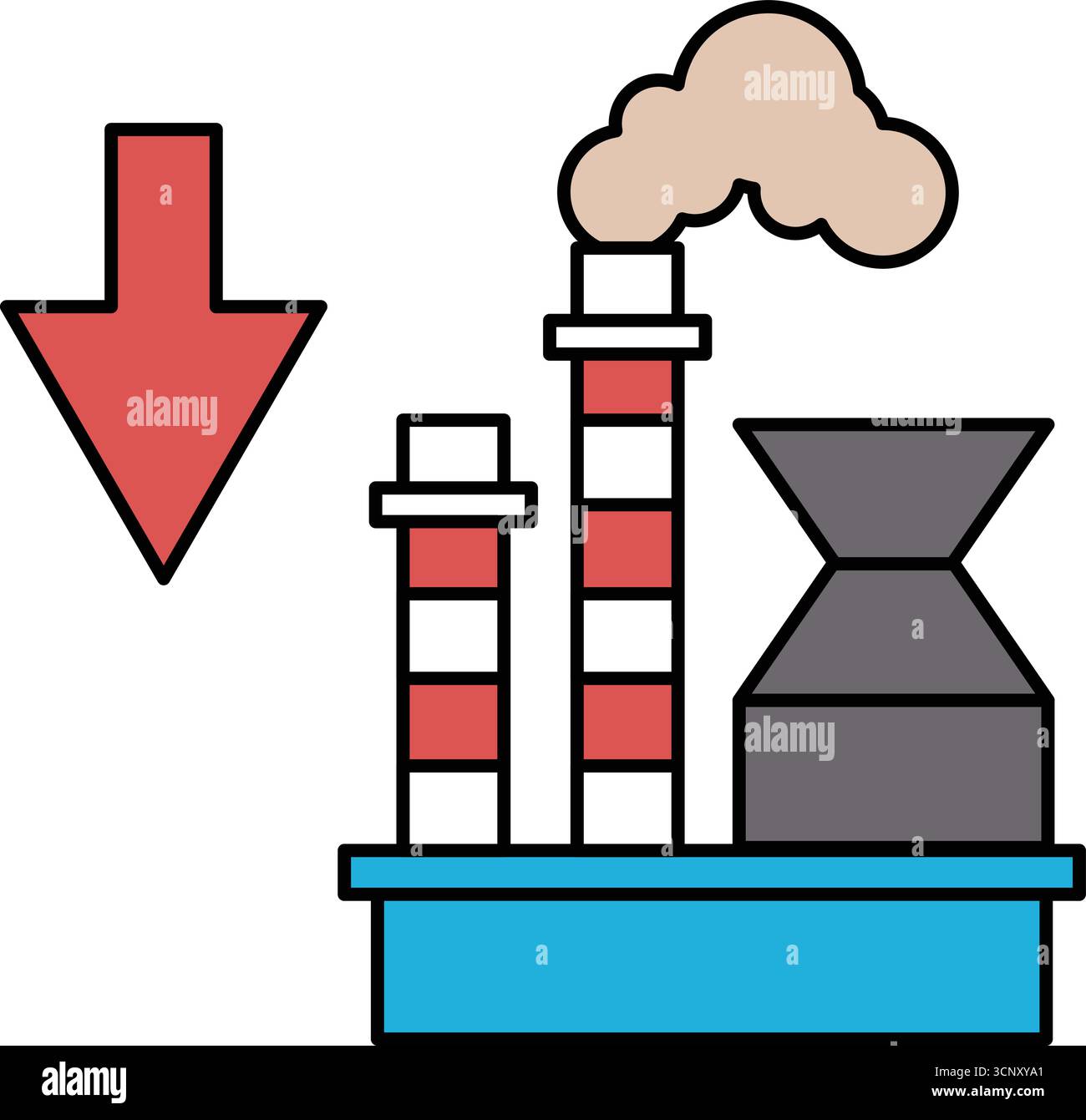 decrease demand black and white stock photos & images... A black and white drawing of a factory with a large chimney and a ...