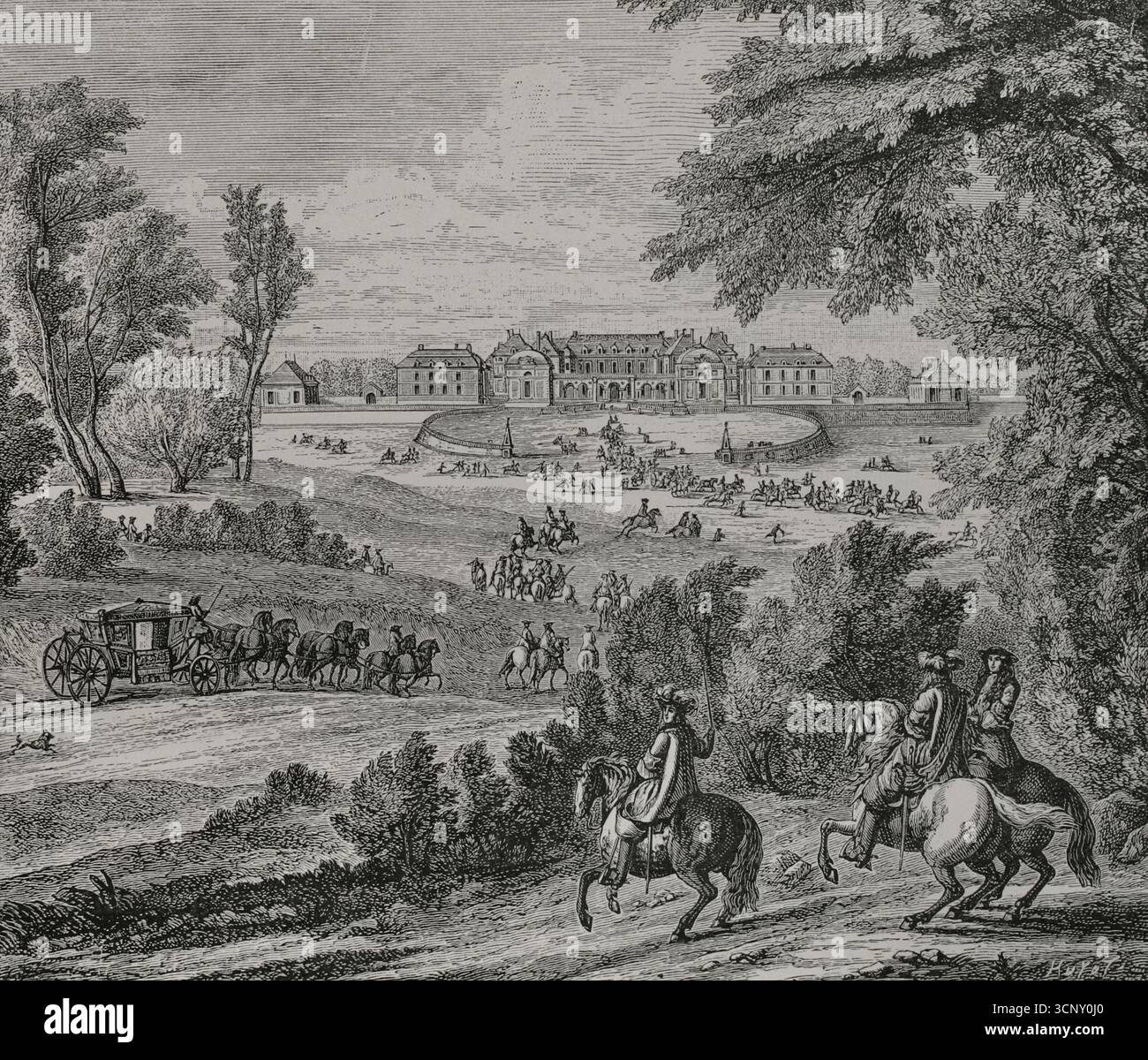 France. Arrival of King Louis XIV (1638-1715), preceded by his guard, at the former Palace of Versailles. Engraving by Huyot based on a painting by Flemish painter Adam Frans van der Meulen (1632-1690), engraved by Adrien François Baudouin (Adriaen Frans Boudewyns) (1644-1719), 1685. Detail. XVIIme siècle: lettres, sciences et arts, France 1590-1700 (17th century: letters, sciences and arts), by Paul Lacroix. Published in Paris by Librairie de Firmin-Didot et Cie, 1882. Stock Photo