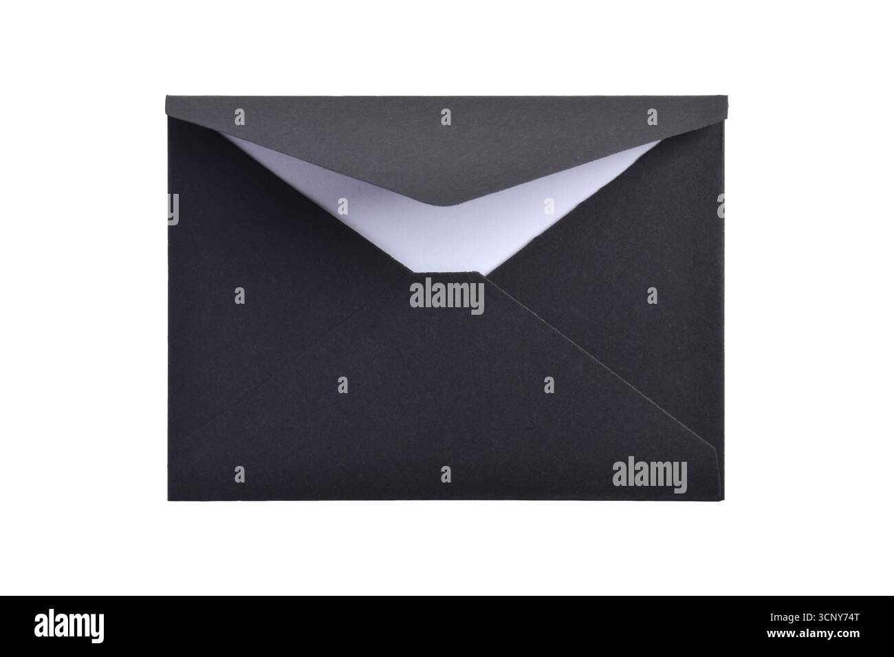 Opened black paper envelope with paper sheet isolated on white background Stock Photo
