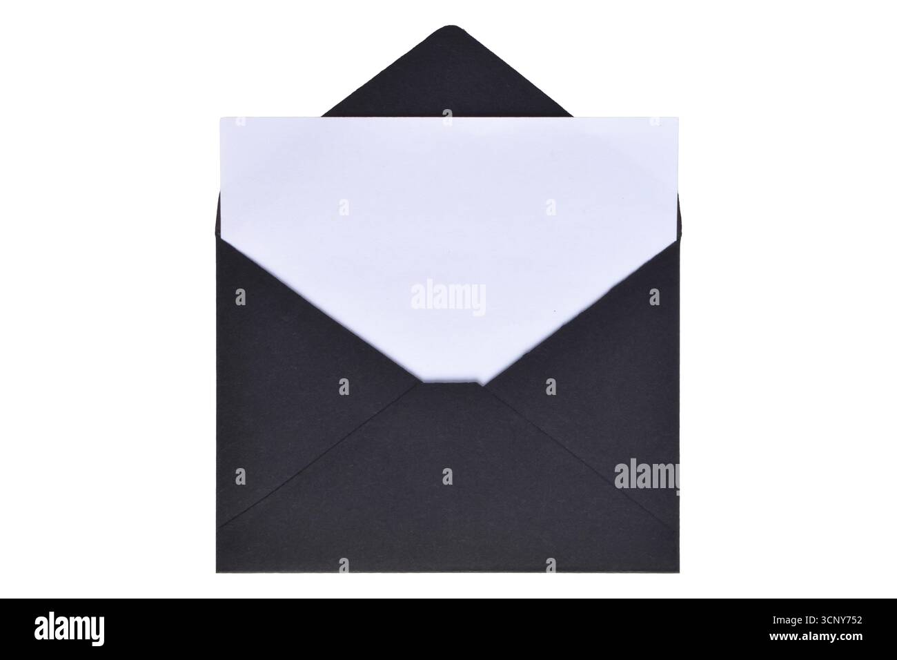 Opened black paper envelope with paper sheet isolated on white background Stock Photo