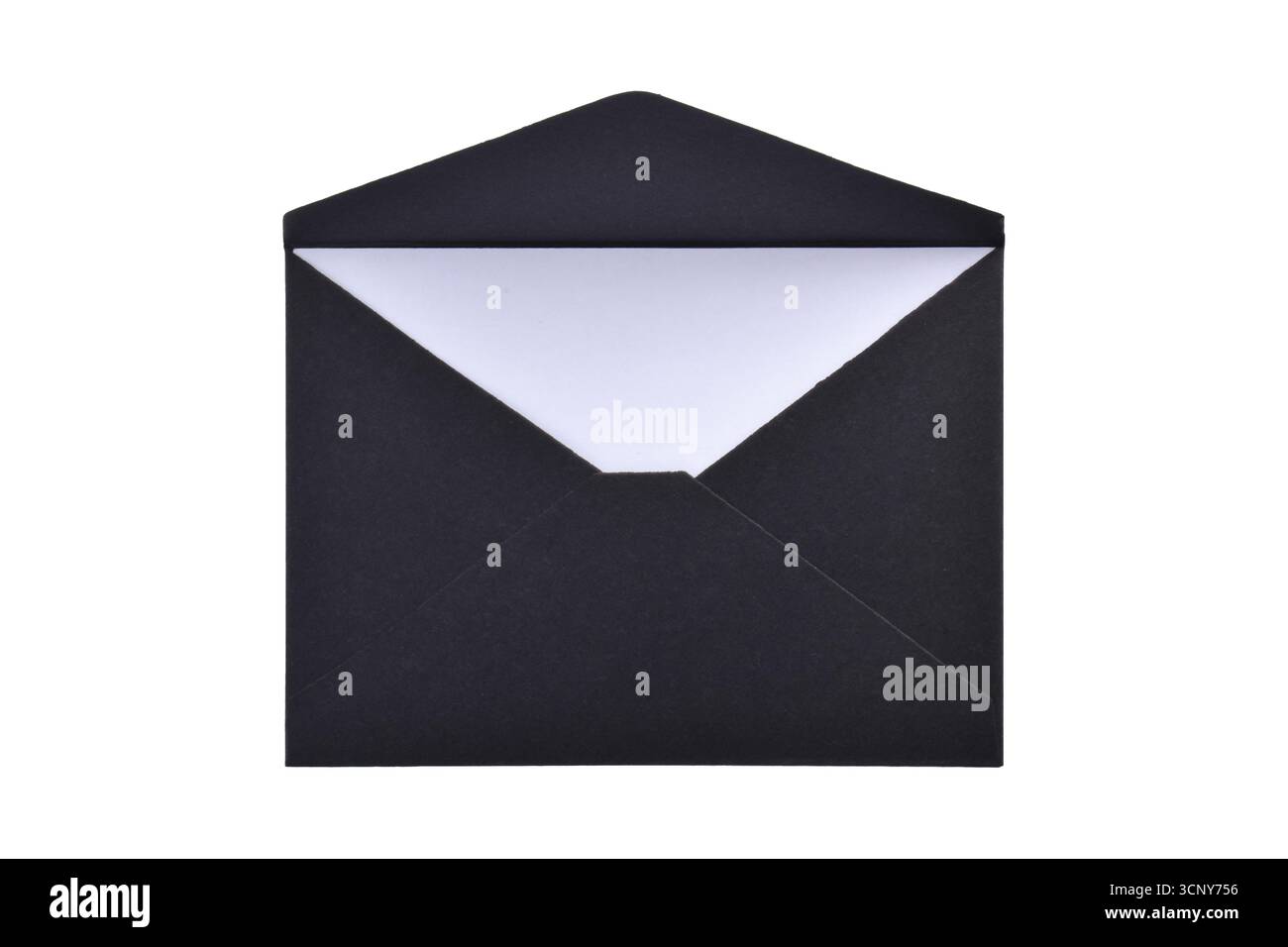 Opened black paper envelope with paper sheet isolated on white background Stock Photo
