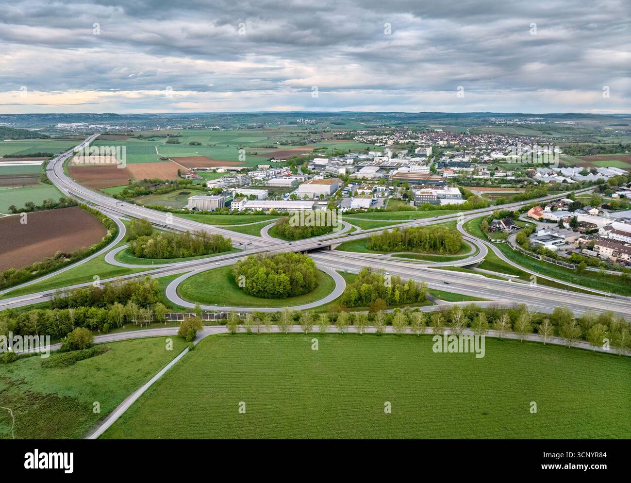 aerial view of Highway intersection Stuttgart North connecting German Highways A81 and B10, Baden Württemberg, Germany Stock Photo