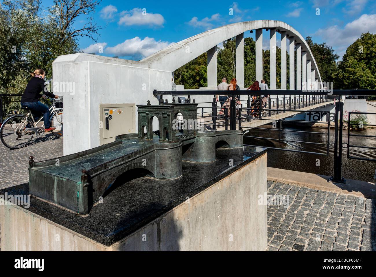 Bronze model of Tartu’s historic Stone Bridge beside the modern ...