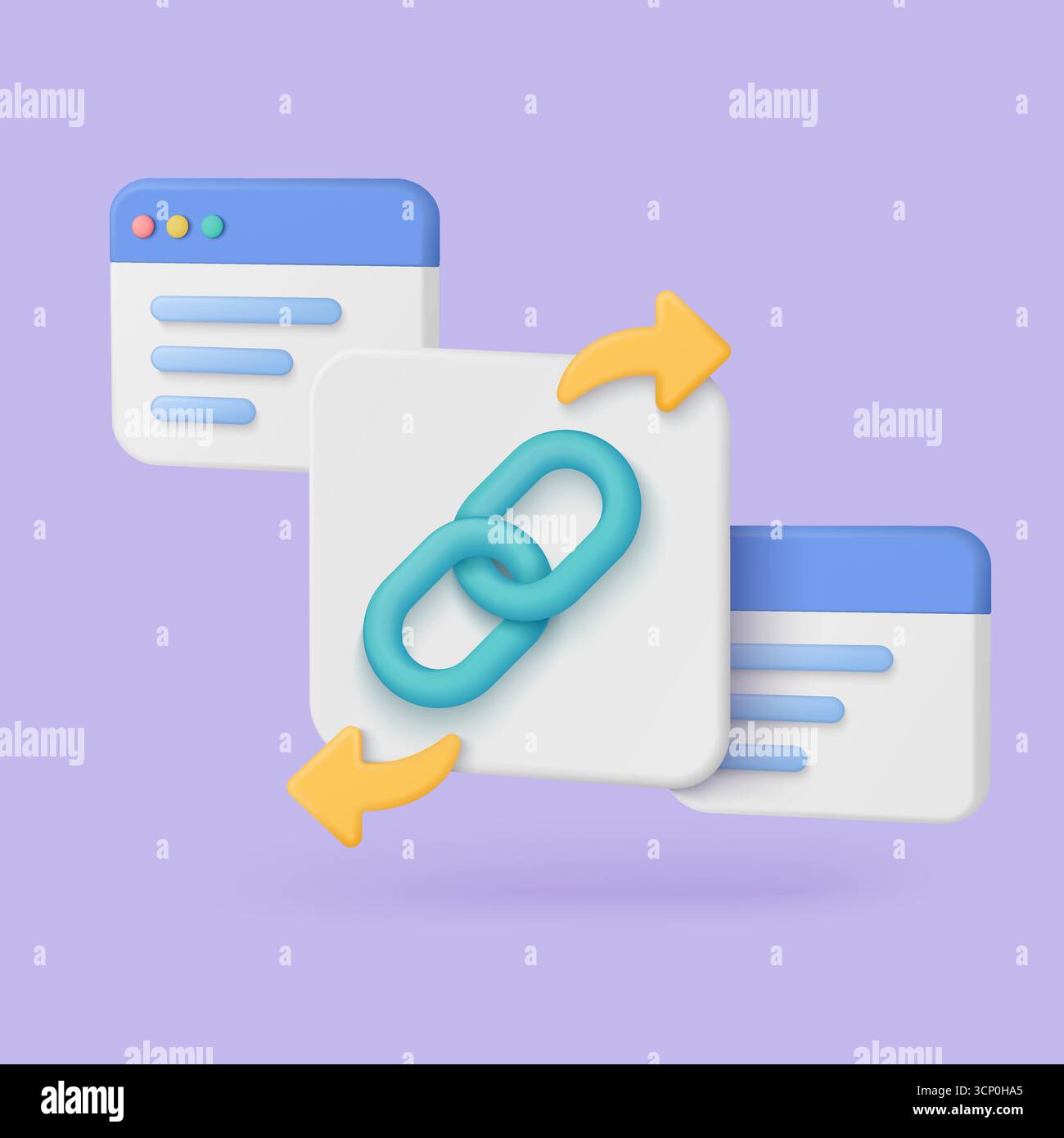 Modern 3D backlink icon with web browser windows and arrows representing SEO link building and website optimization on a purple background for digital marketing vector illustration Stock Vector