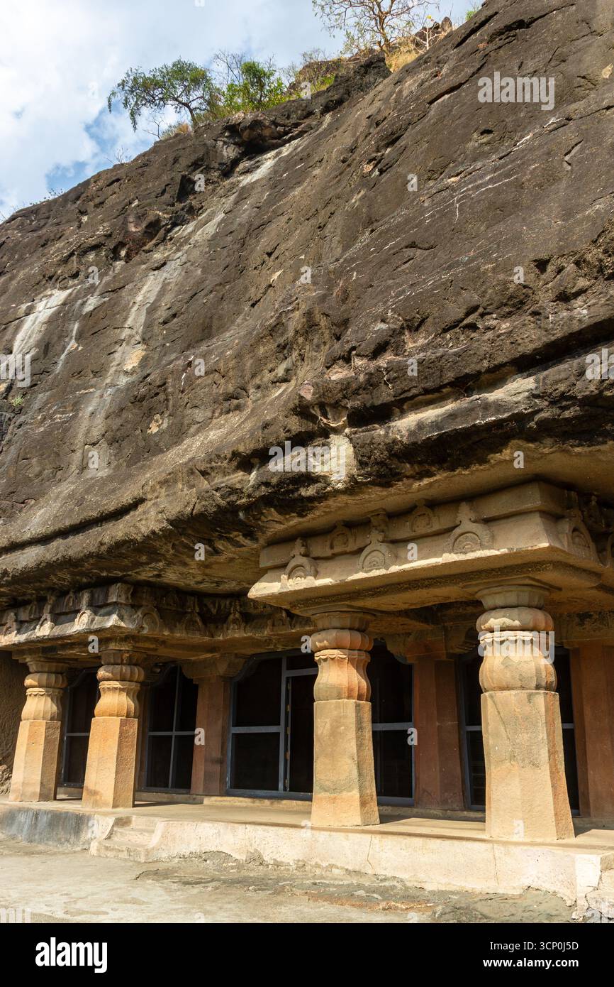 Rock-cut Cave Temple Entrance with Pillars Stock Photo