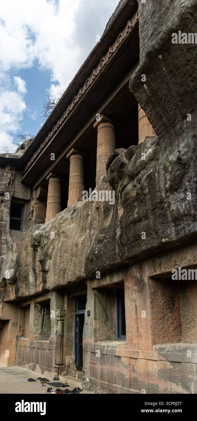Rock-cut Cave Temple Entrance with Pillars Stock Photo